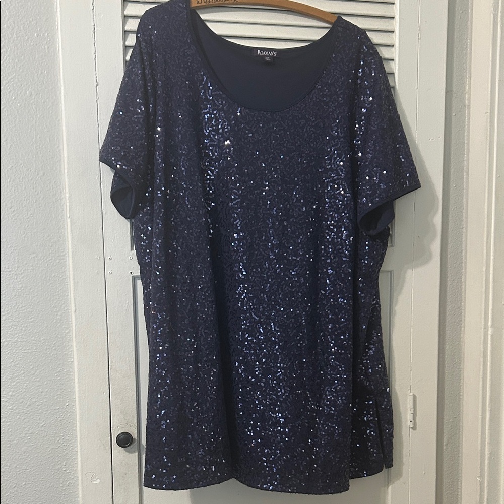 Roaman's Navy Sequin Short Sleeve Tee